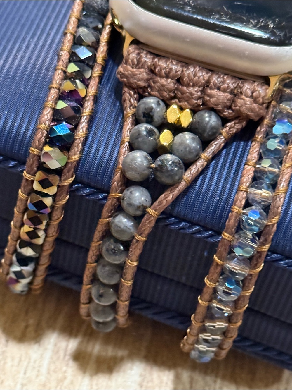 Boho Beaded Apple Watch Wrap Band Brown Cord Gray Stone Crystal Adjustable - Picture 4 of 11